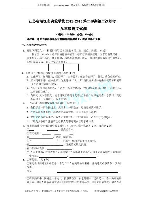 江苏省靖江市实验学校2012-2013学年第二学期第二次月考九年级语文试题