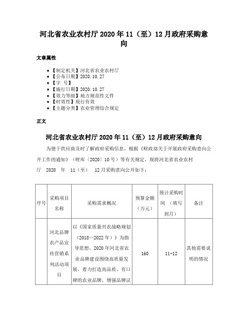 河北省农业农村厅2020年11（至）12月政府采购意向