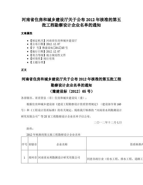 河南省住房和城乡建设厅关于公布2012年核准的第五批工程勘察设计企业名单的通知