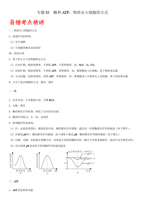 专题03 酶和ATP、物质出入细胞的方式-备战2022年高考生物易错点突破巧讲精练(解析版)