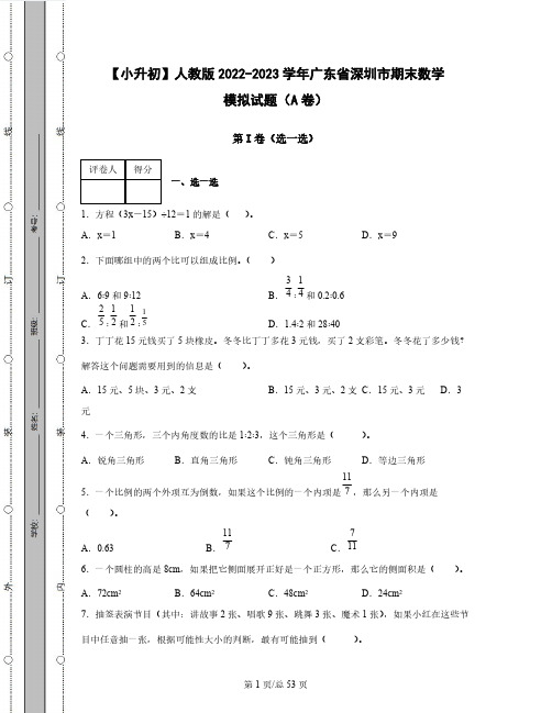 【小升初】人教版2022-2023学年广东省深圳市期末数学模拟试题AB卷2套(含解析)