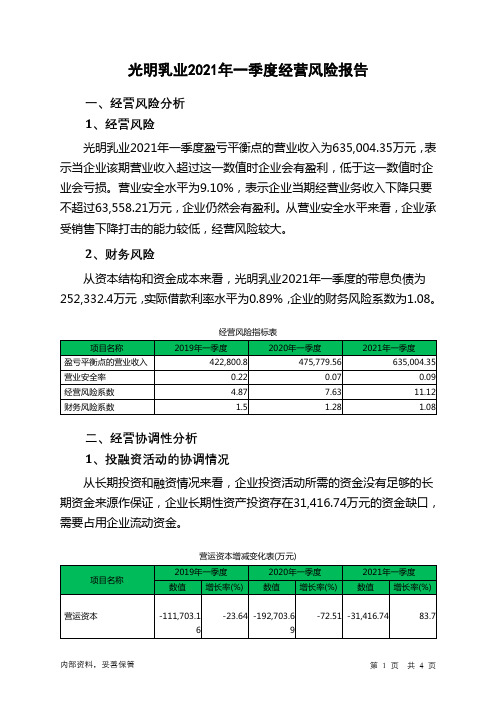 光明乳业2021年一季度经营风险报告