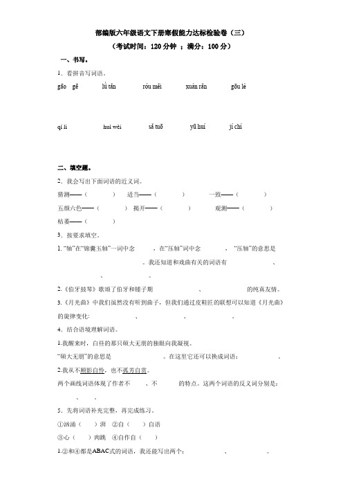 部编版六年级语文下册 寒假能力达标检验卷(三)(含答案)