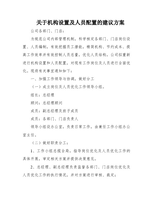 关于机构设置及人员配置的建议方案