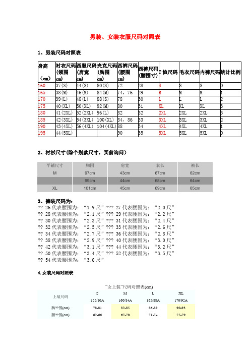 男装、女装衣服尺码对照表