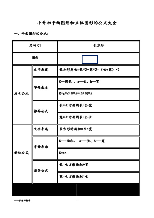 小升初平面图形和立体图形的公式大全