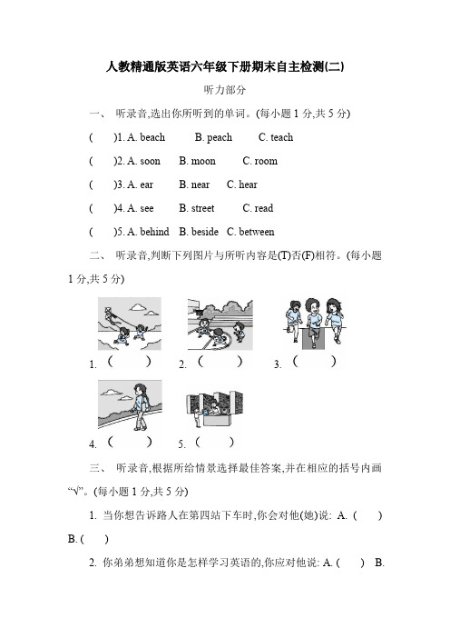 人教精通版英语六年级下册期末自主检测(二)(含答案)