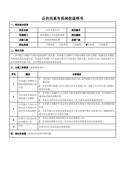 公共关系专员岗位说明书