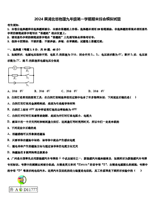 2024届湖北省物理九年级第一学期期末综合模拟试题(含解析)