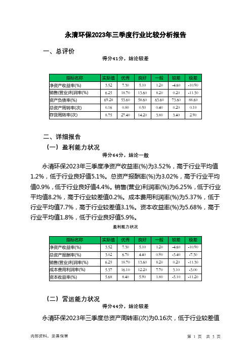 300187永清环保2023年三季度行业比较分析报告