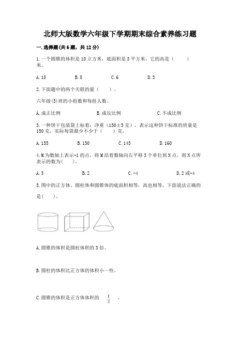 北师大版数学六年级下学期期末综合素养练习题含答案【综合题】