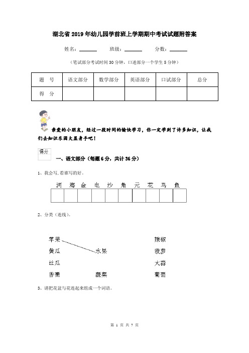 湖北省2019年幼儿园学前班上学期期中考试试题附答案