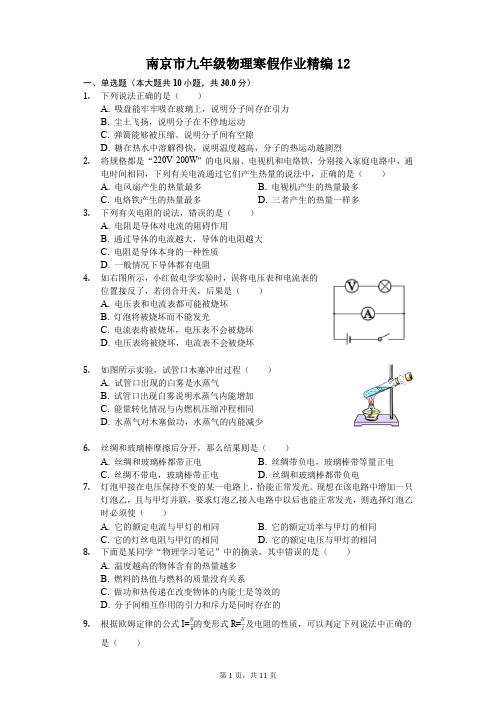 南京市九年级物理寒假作业精编(含答案) (12)