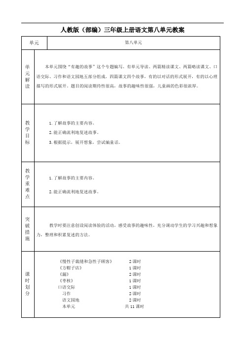 人教版(部编)三年级语文下册第八单元教案