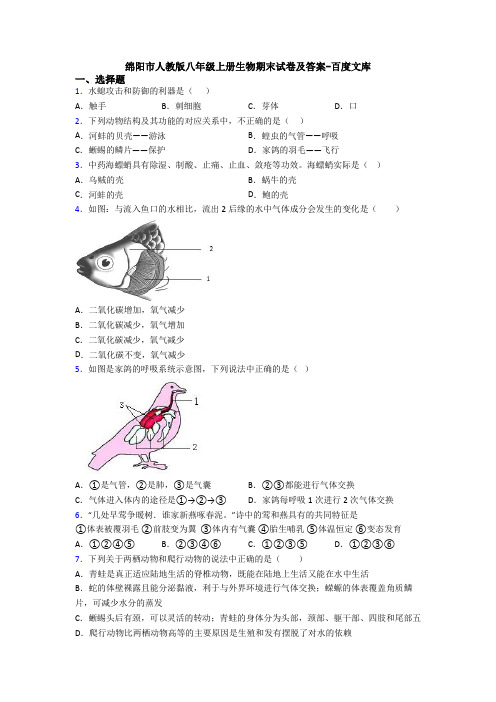 绵阳市人教版八年级上册生物期末试卷及答案-百度文库