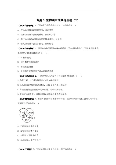 2019年中考生物真题专项汇编：专题5 生物圈中的其他生物(2)