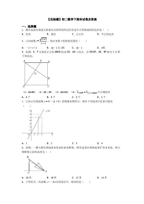 【压轴题】初二数学下期末试卷及答案