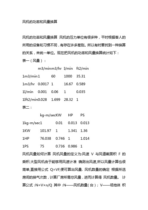 风机功率与风量对照表