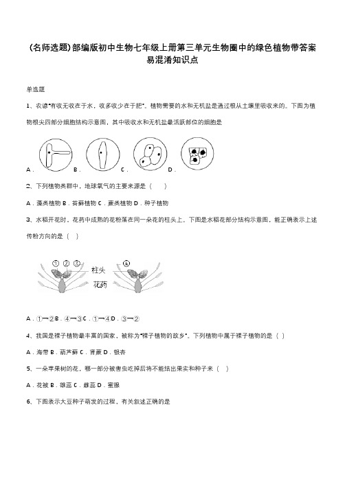 部编版初中生物七年级上册第三单元生物圈中的绿色植物带答案易混淆知识点