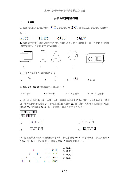 上海市小升初分班考试数学模拟练习题