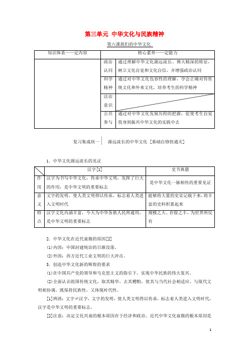 高考政治一轮复习第三模块文化与生活第三单元中华文化与民族精神第六课我们的中华文化讲义含解析