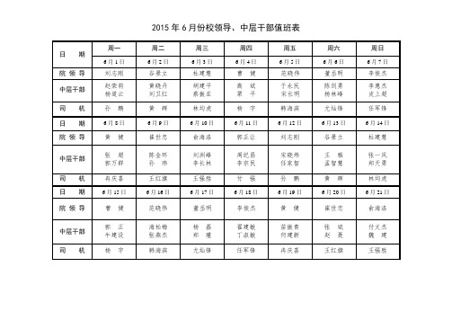 2015年6月份校领导、中层干部值班表