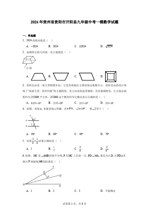 2024年贵州省贵阳市开阳县九年级中考一模数学试题