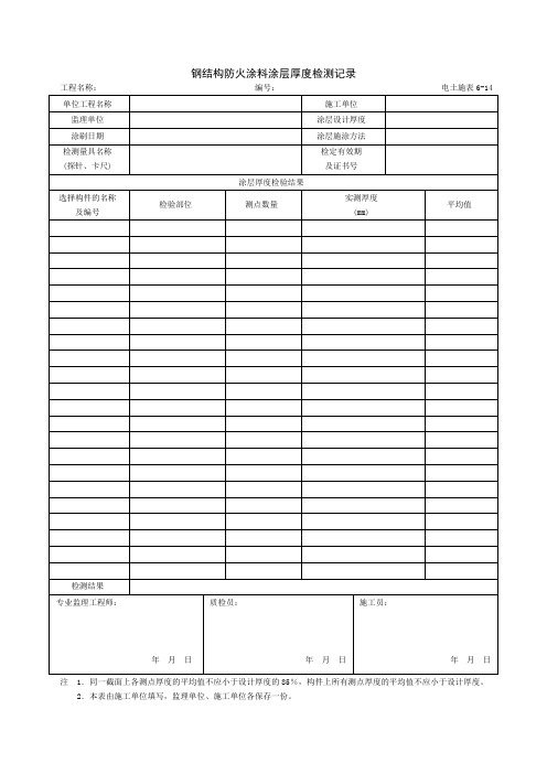 钢结构防火涂料涂层厚度检测记录