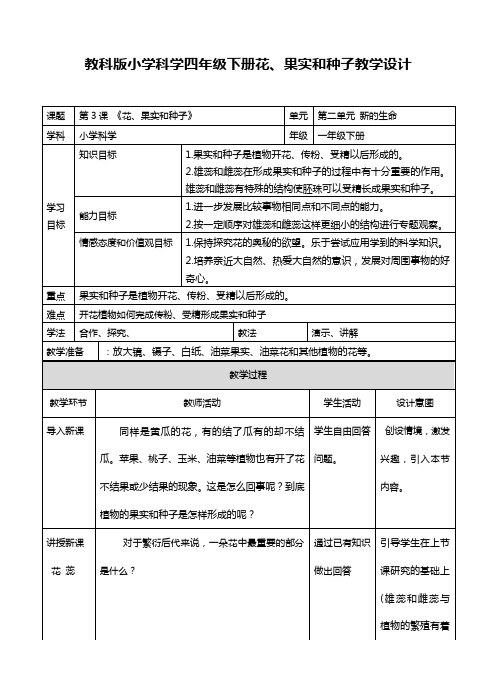 教科版小学科学四年级下册花、果实和种子教学设计