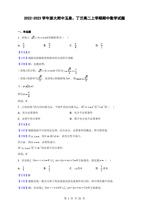 2022-2023学年浙大附中玉泉、丁兰高二上学期期中数学试题(解析版)