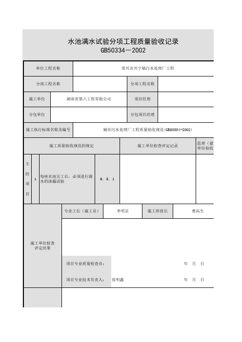 水池满水试验分项工程质量验收记录