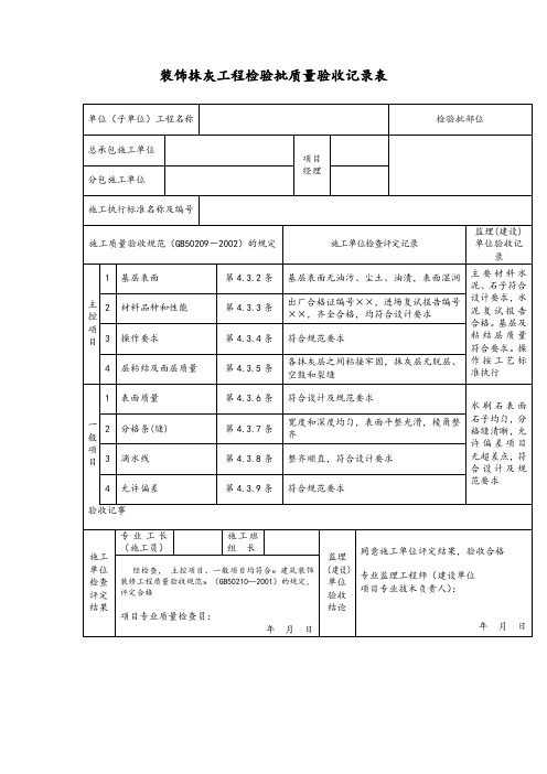 装饰抹灰工程检验批质量验收记录表