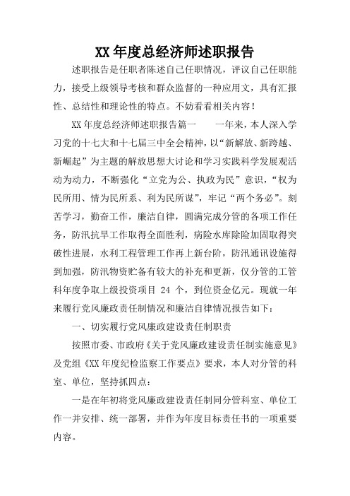 XX年度总经济师述职报告