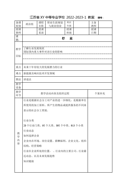 中职职业生涯规划与就业创业教案：行业