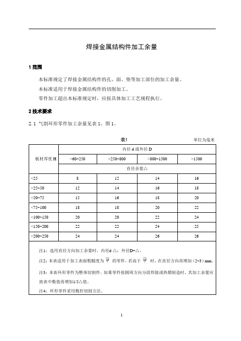 焊接金属结构件加工余量