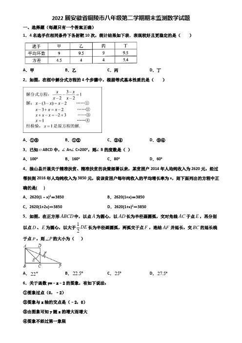 2022届安徽省铜陵市八年级第二学期期末监测数学试题含解析