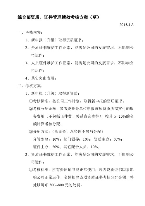 综合部资质管理绩效考核方案