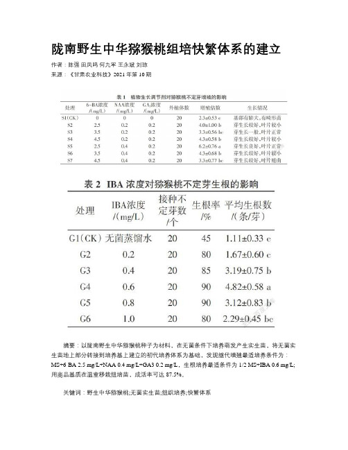 陇南野生中华猕猴桃组培快繁体系的建立