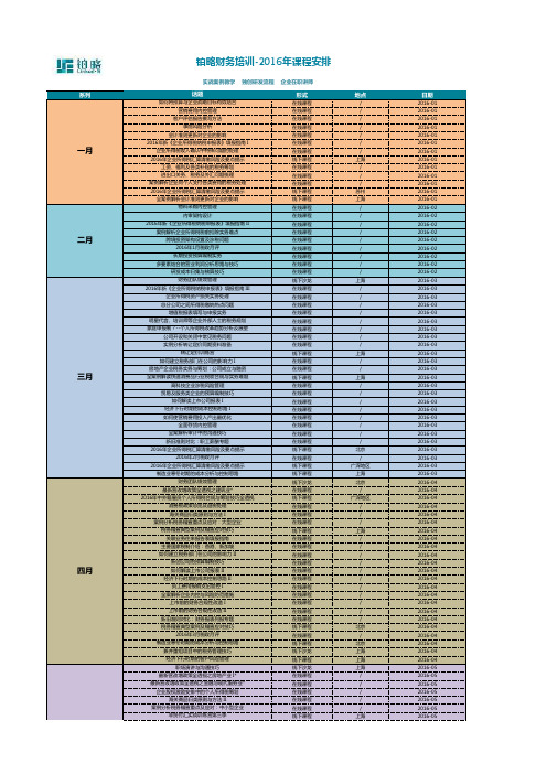 铂略财务培训-2016年课程安排月度计划表