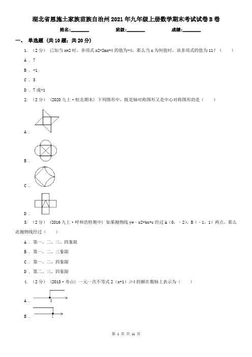 湖北省恩施土家族苗族自治州2021年九年级上册数学期末考试试卷B卷