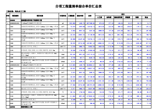 分项工程量清单综合单价汇总表