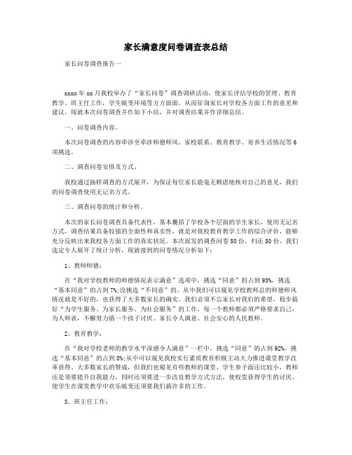 家长满意度问卷调查表总结