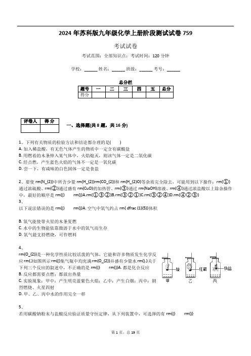 2024年苏科版九年级化学上册阶段测试试卷759