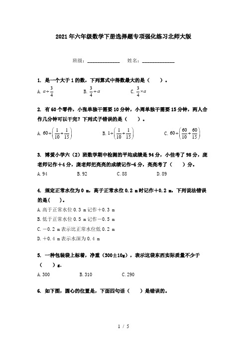 2021年六年级数学下册选择题专项强化练习北师大版