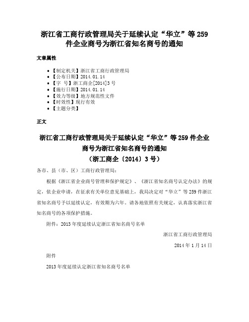 浙江省工商行政管理局关于延续认定“华立”等259件企业商号为浙江省知名商号的通知