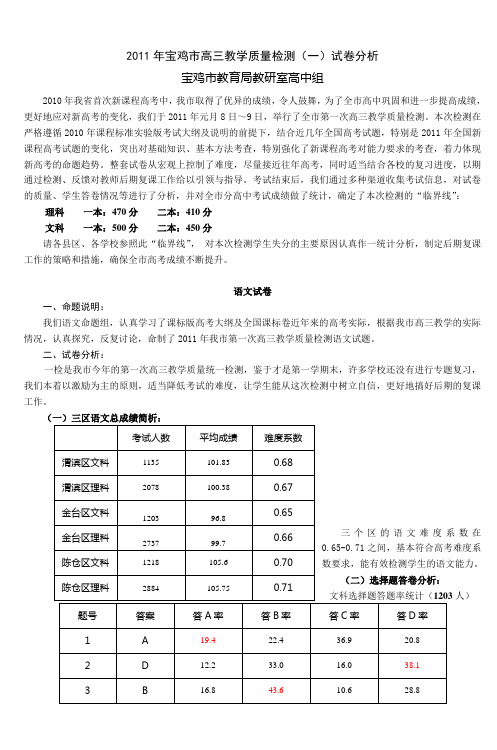 2011年宝鸡市高三教学质量检测(一)试卷分析