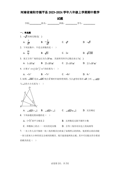 河南省南阳市镇平县2023-2024学年八年级上学期期中数学试题