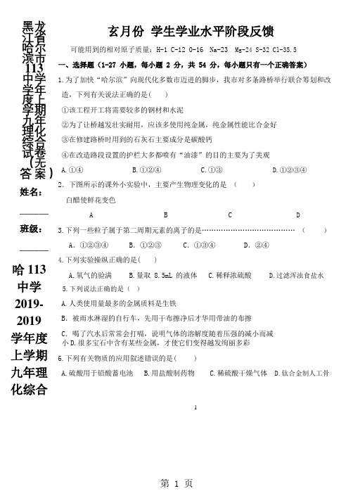 黑龙江省哈尔滨市113中学学年度上学期九年理化综合试卷(无答案)