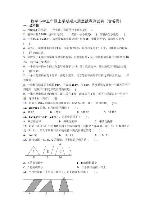 数学小学五年级上学期期末质量试卷测试卷(含答案)