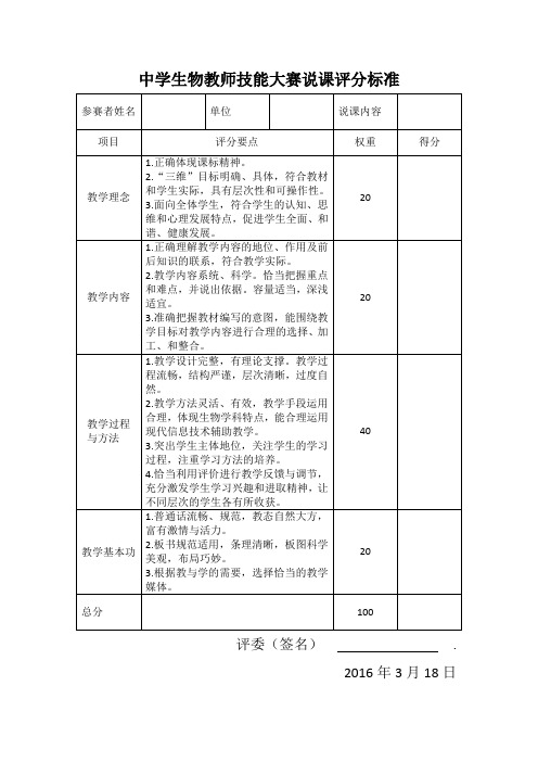 中学生物教师技能大赛说课评分标准